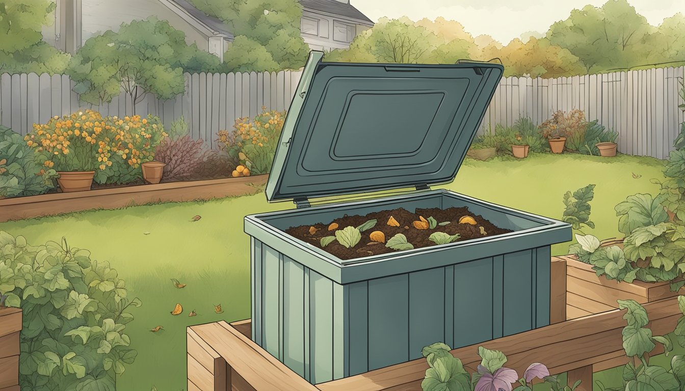 A person placing food scraps and yard waste into a compost bin in a backyard garden