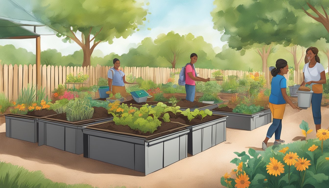 A colorful community garden with compost bins, volunteers working together, and signage promoting local composting resources in Edinburg, TX