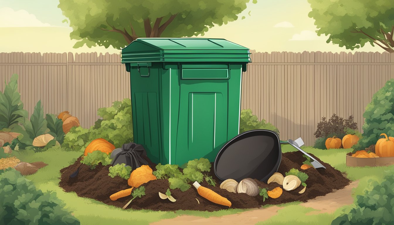 A backyard compost bin surrounded by food scraps, yard waste, and a shovel in College Station, TX