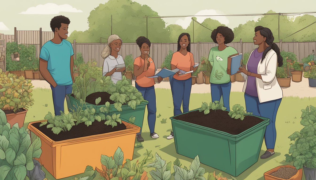 A group of diverse individuals gather in a community garden, surrounded by compost bins and educational materials. They engage in discussions and hands-on demonstrations about composting in Abilene, TX