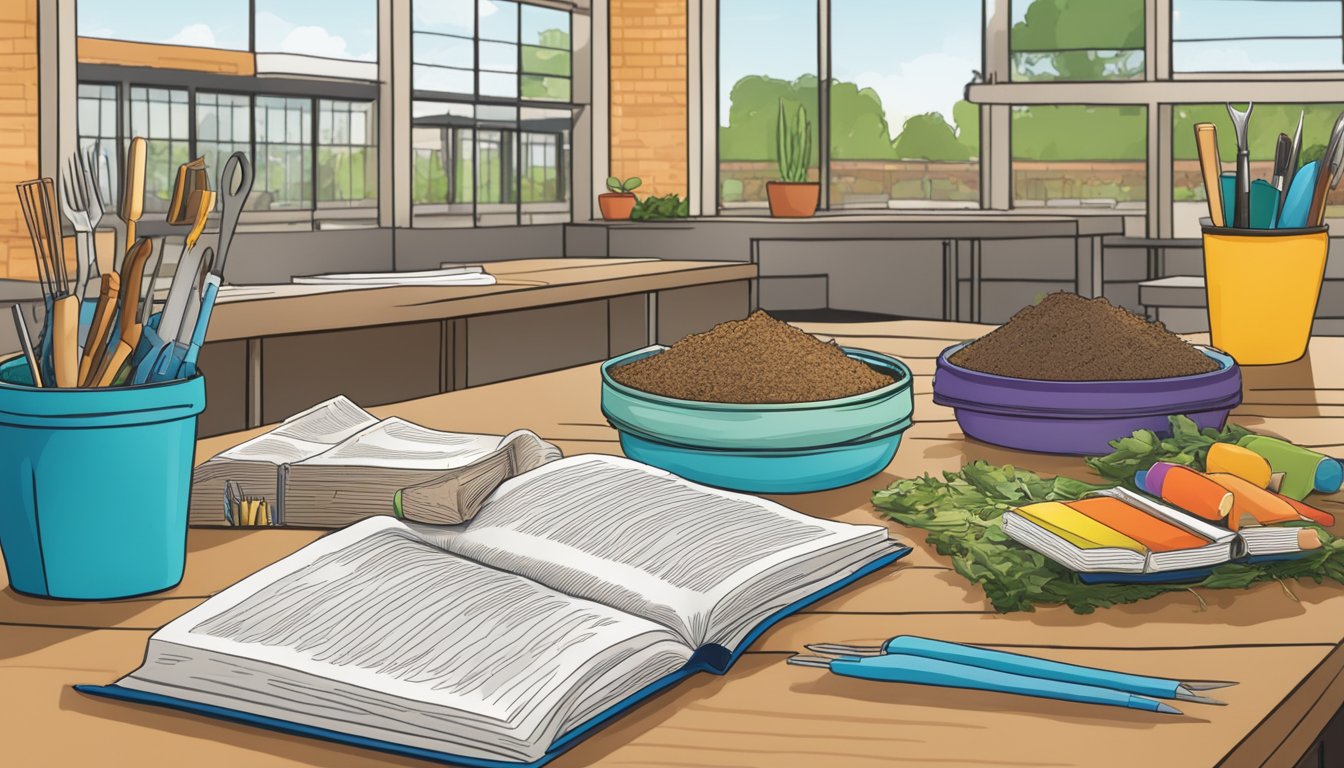 A colorful guidebook open on a table, surrounded by various composting tools and materials, with a backdrop of a college campus in College Station, TX