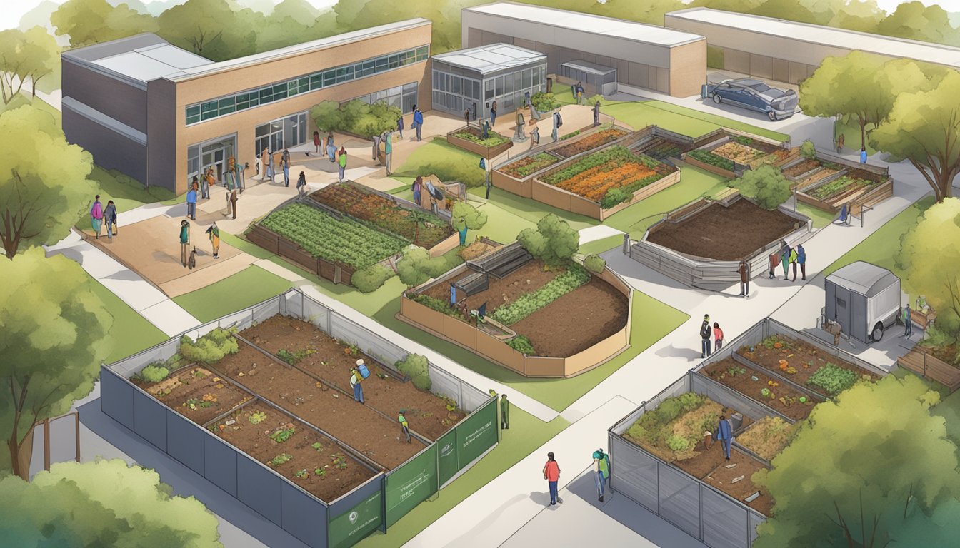 A college campus with students and staff participating in composting, bins filled with food scraps and organic waste, and a guidebook on composting in College Station, TX