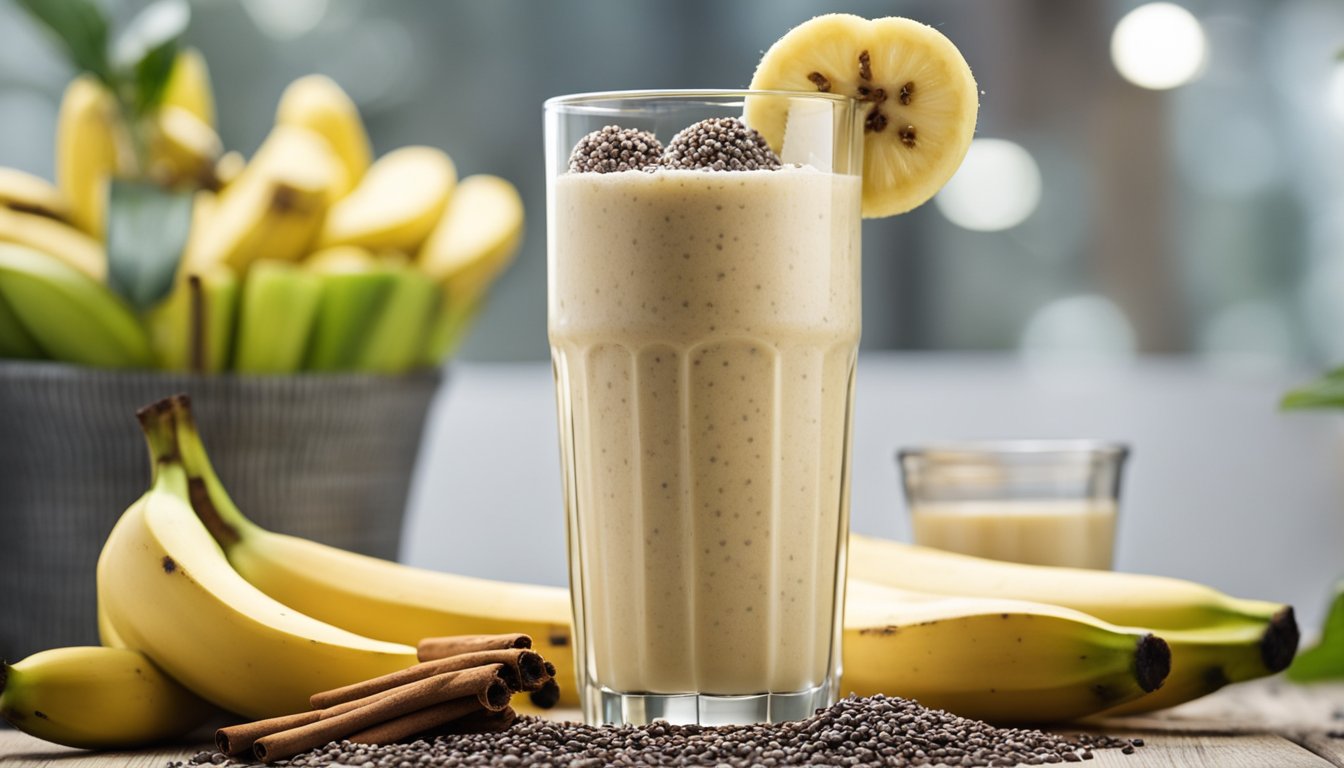 A tall glass of banana smoothie with chia seeds and cinnamon, surrounded by whole bananas at different ripeness stages