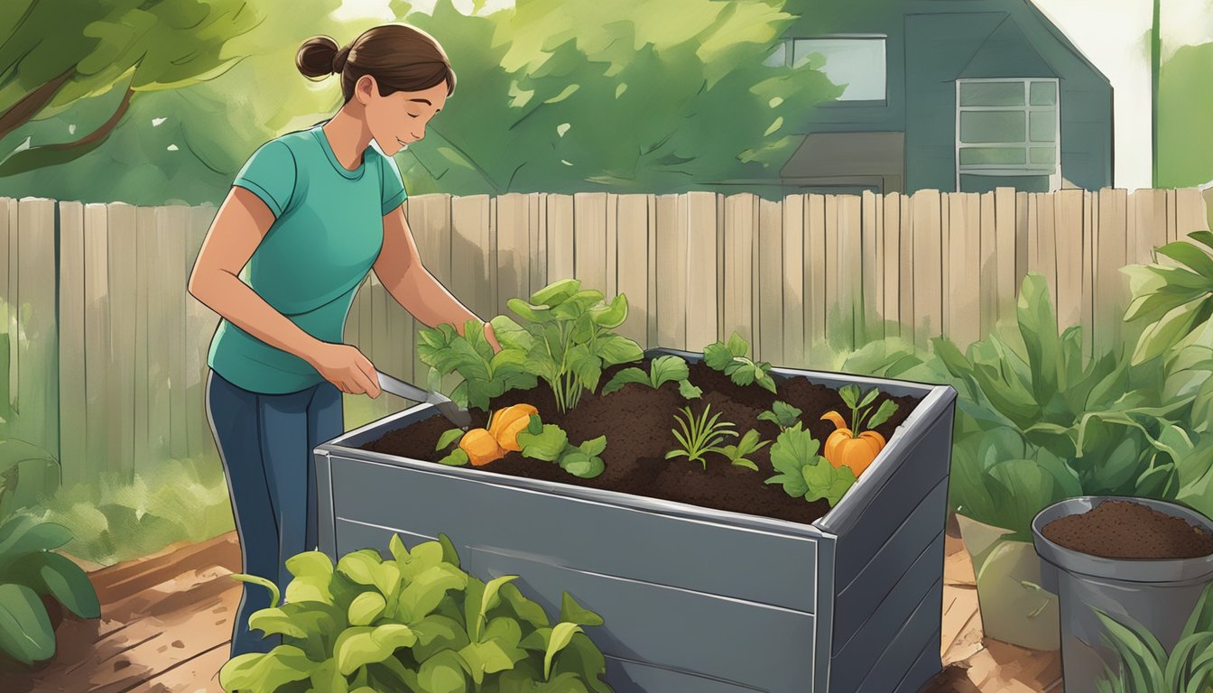 A student adds food scraps to a compost bin in a backyard garden, surrounded by green plants and a small trowel