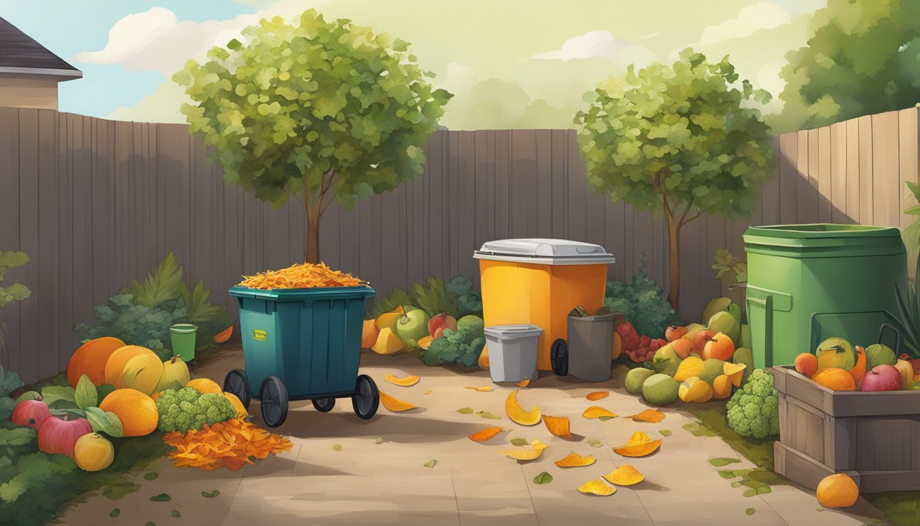 A backyard in Frisco, TX with a compost bin surrounded by a variety of organic waste such as fruit peels, vegetable scraps, and dried leaves