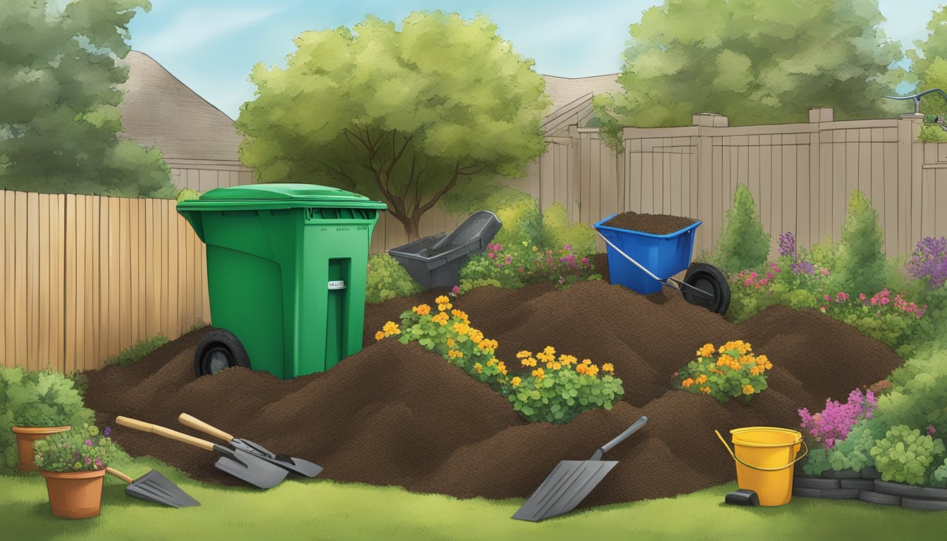 A backyard in Frisco, TX with a compost bin, garden tools, and a variety of organic waste being added to the pile