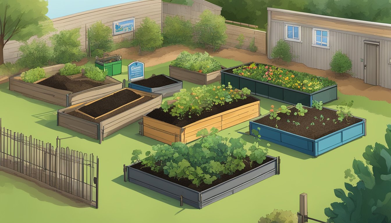 A bustling community garden in Frisco, Texas, with various composting bins, tools, and signage for a composting guide