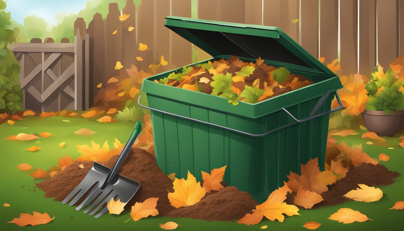 A backyard compost bin with a mix of green and brown organic materials, surrounded by a garden fork, shovel, and a pile of fallen leaves