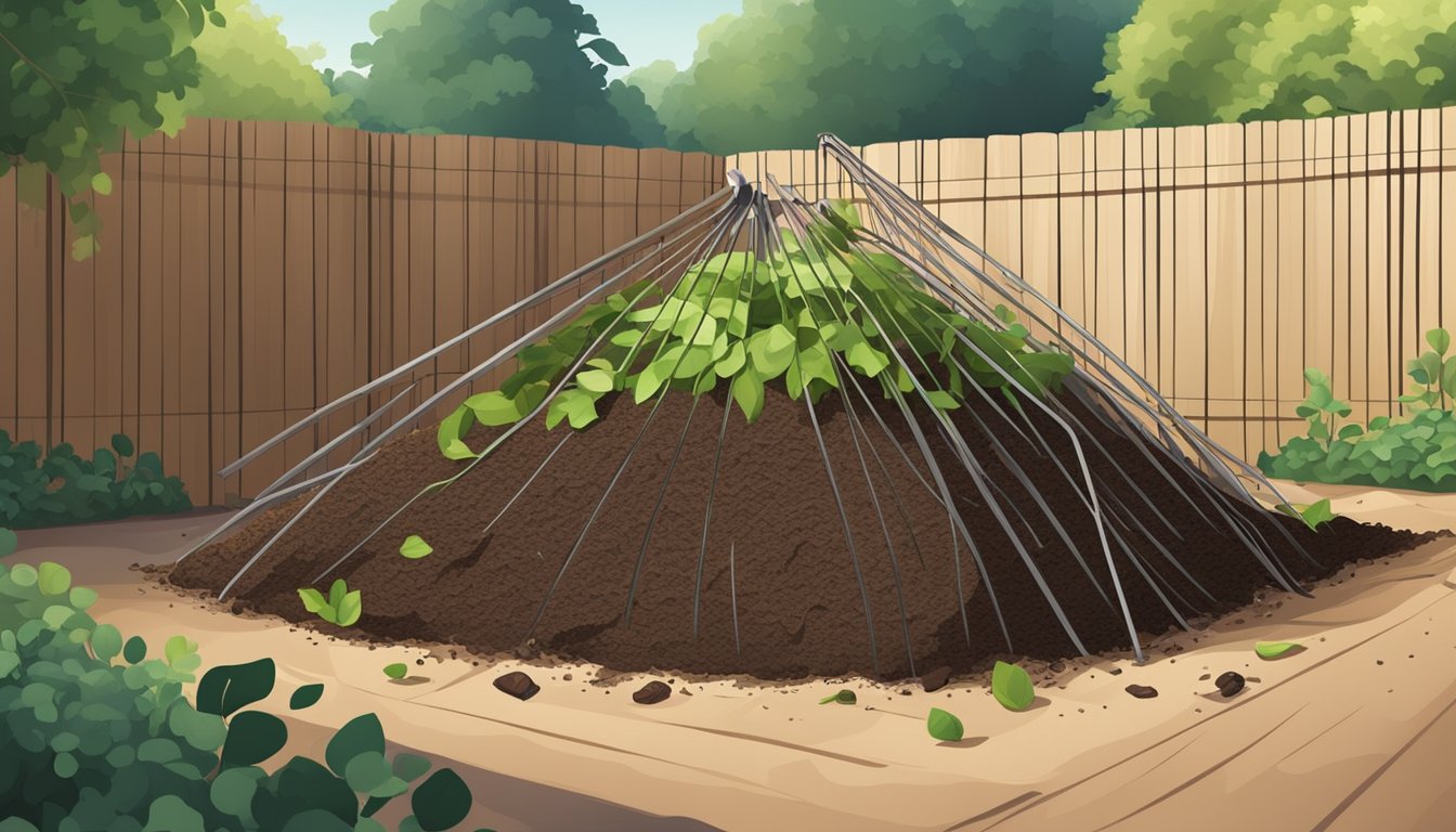 A backyard compost pile with a mix of green and brown materials, surrounded by a wire or wooden enclosure, with a shovel and pitchfork nearby