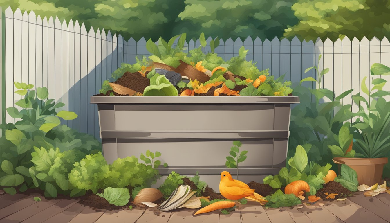 A backyard compost bin surrounded by greenery and filled with a mixture of food scraps and yard waste