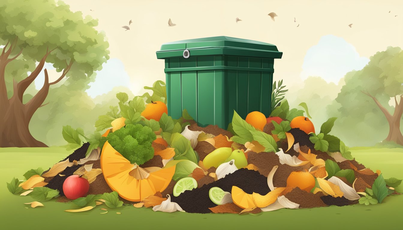 A backyard compost bin surrounded by a variety of organic waste, including fruit peels, vegetable scraps, and dried leaves