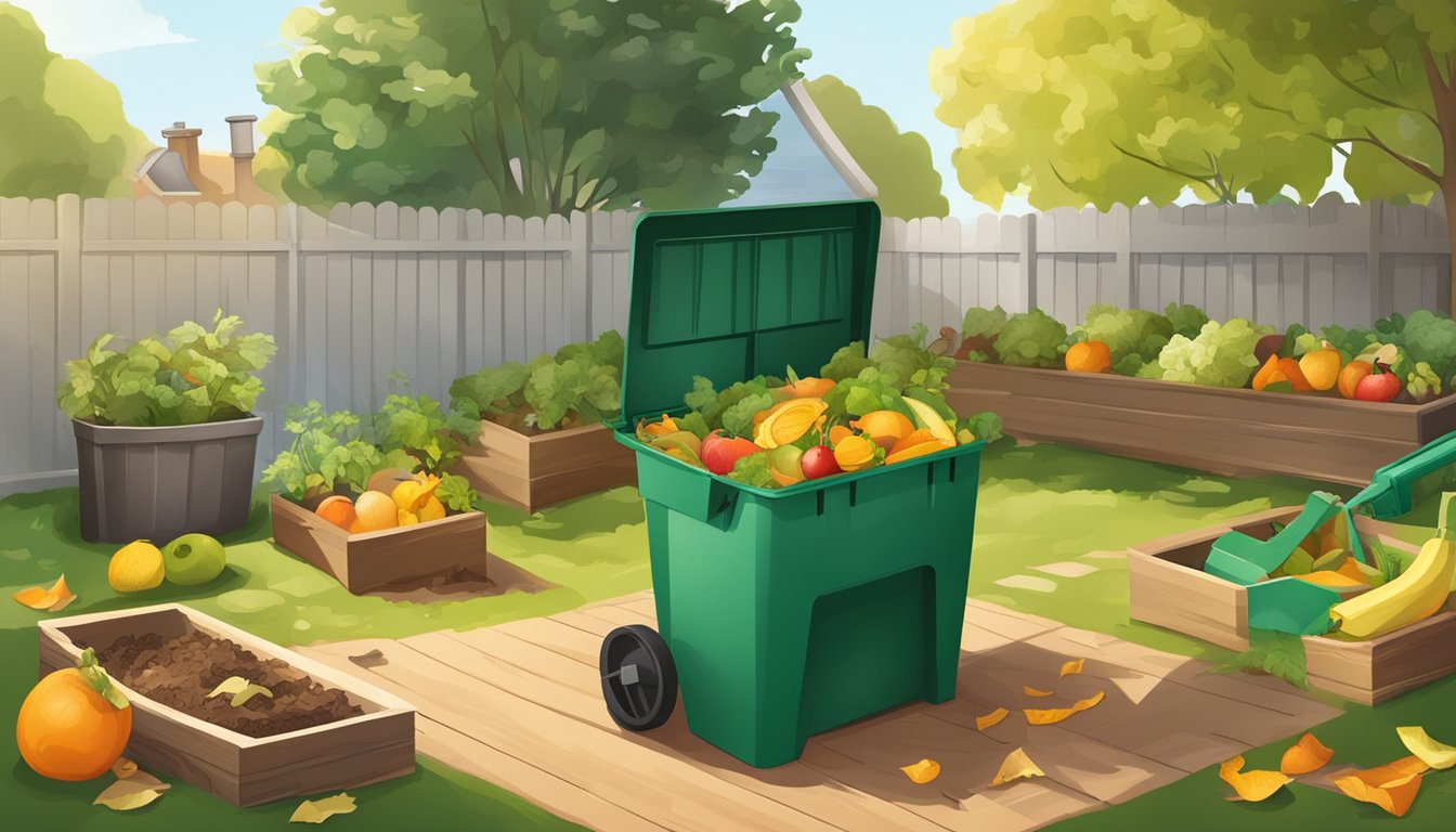 A sunny backyard with a compost bin, shovel, and a variety of organic waste materials such as fruit peels, vegetable scraps, and yard clippings