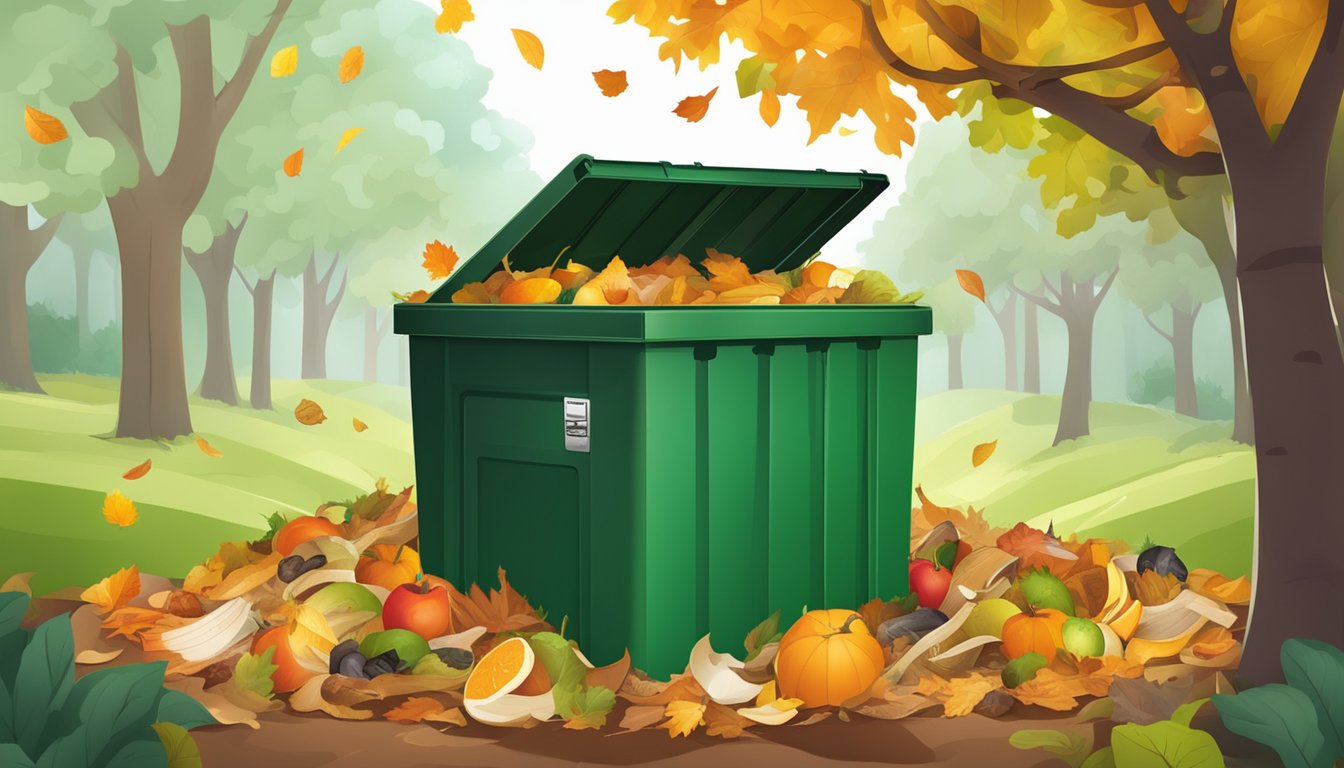 A composting bin surrounded by a variety of organic waste, including fruit peels, vegetable scraps, and fallen leaves