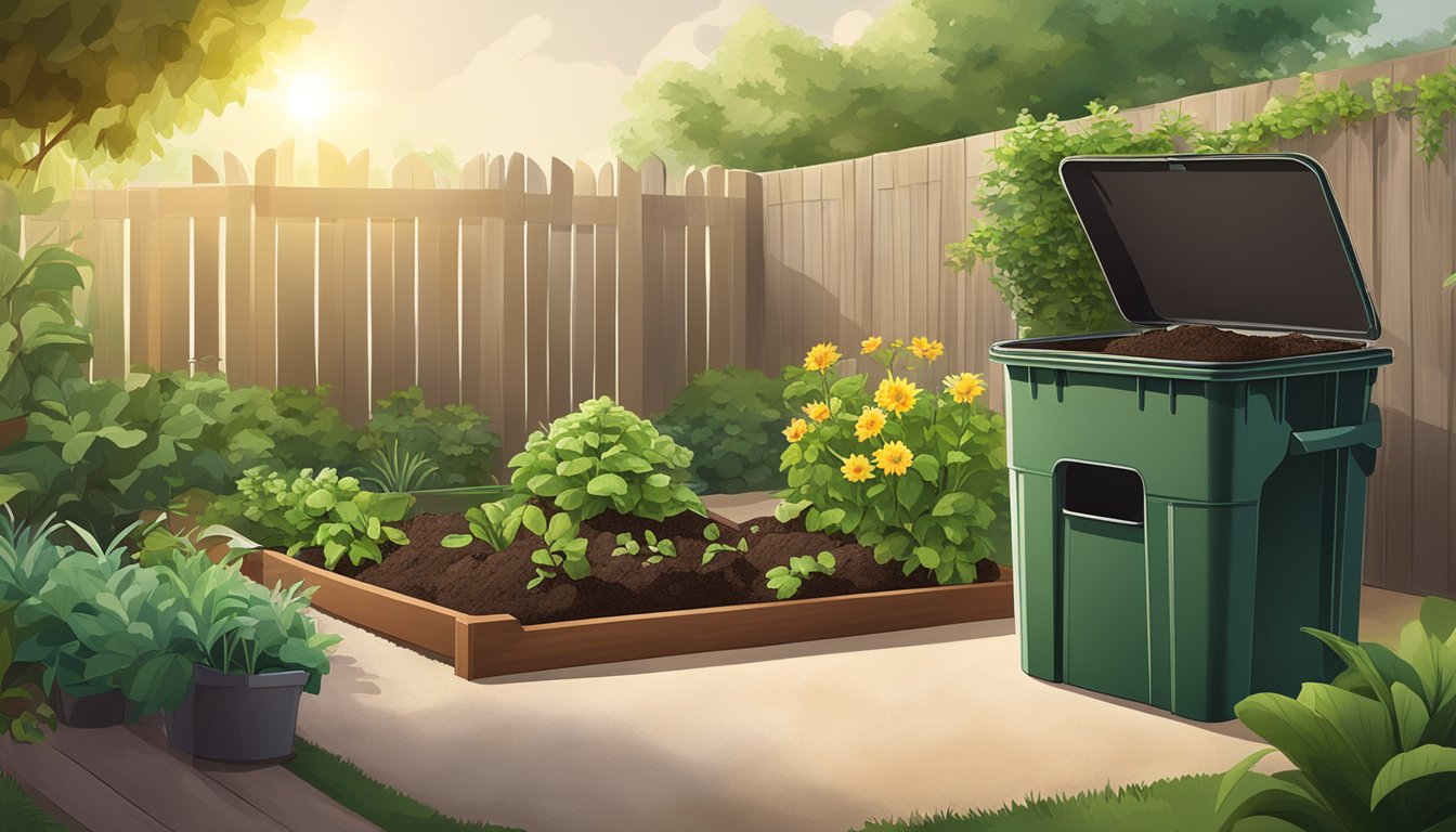 A backyard in Brownsville, TX with a compost bin, a variety of organic materials, and a shovel. The sun is shining and there are green plants in the background