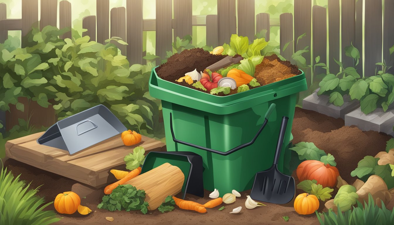 A backyard compost bin surrounded by a variety of food scraps and yard waste, with a shovel and gardening gloves nearby