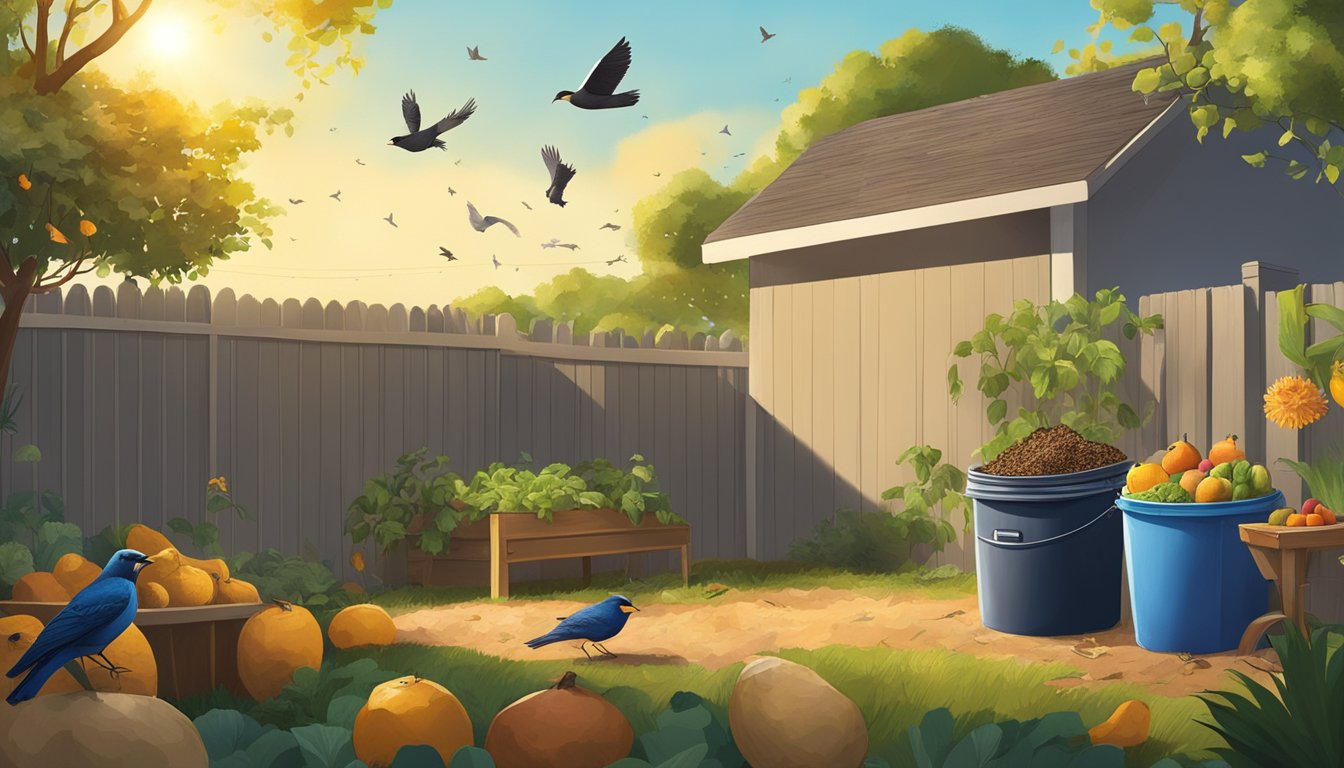 A backyard in Brownsville, TX with a compost bin surrounded by a variety of organic materials such as fruit peels, vegetable scraps, and yard waste. The sun is shining and there are birds flying in the sky