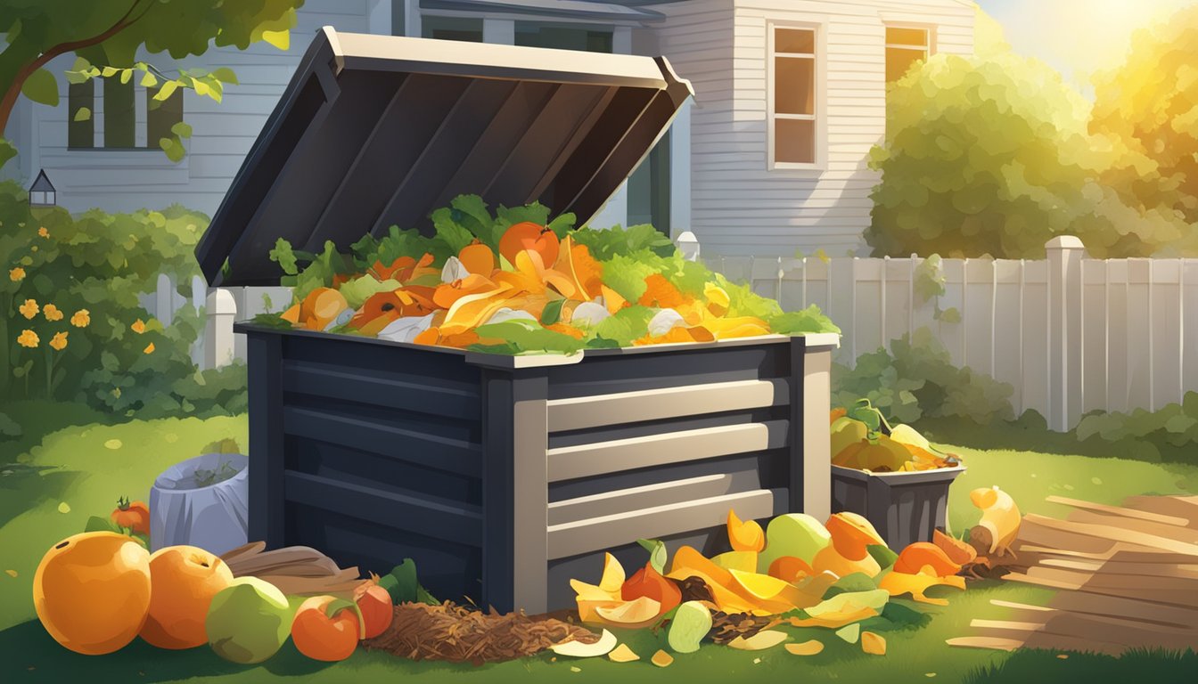 A backyard compost bin surrounded by a variety of organic waste materials such as fruit peels, vegetable scraps, and yard clippings. The sun is shining down on the scene