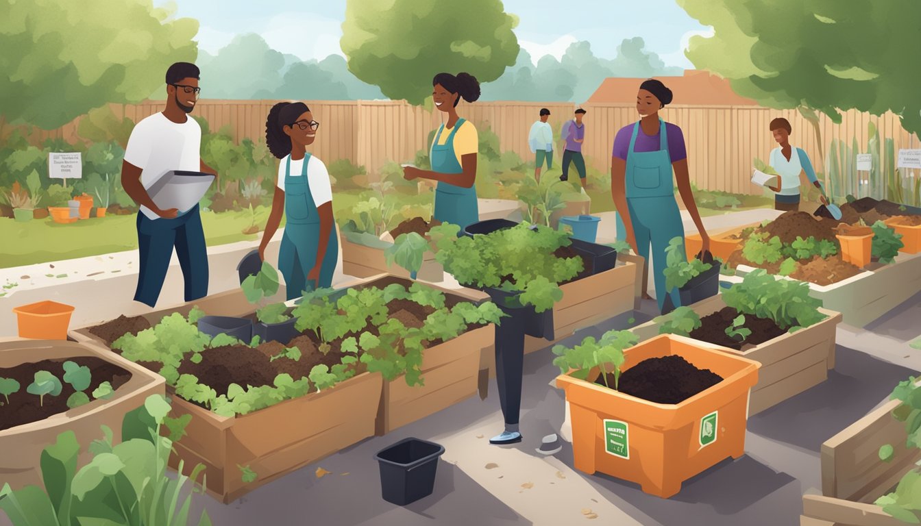 A diverse group of people working together to compost in a community garden, surrounded by bins, tools, and educational signage