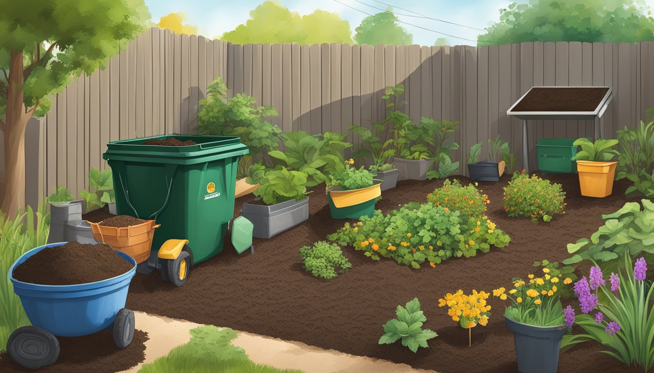 A backyard in Brownsville, TX with a compost bin, garden tools, and a variety of organic materials being layered into the compost pile