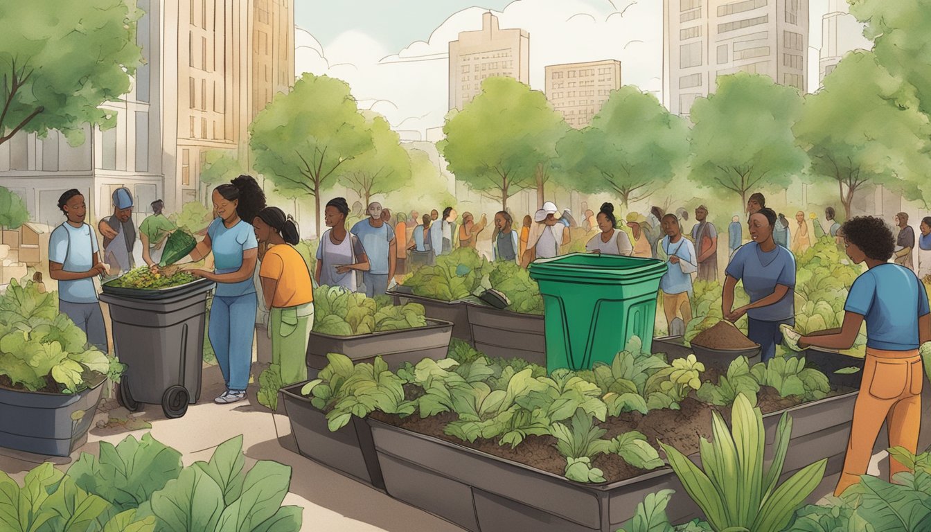 A diverse group of people in Houston, TX gathers to compost, surrounded by lush greenery and urban buildings. They are actively engaged in the process, spreading the word and getting involved in sustainable practices