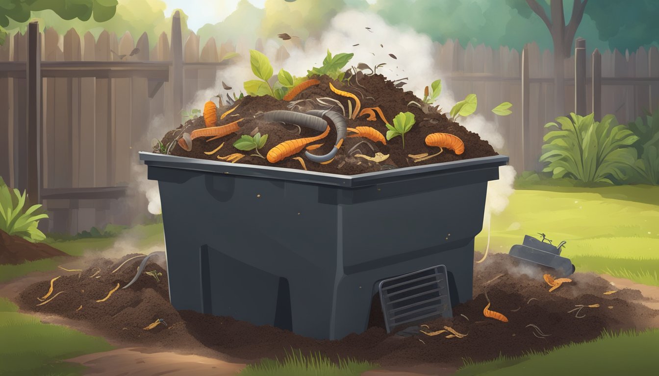 A pile of organic waste decomposing in a backyard compost bin, surrounded by earthworms and other decomposers, with steam rising from the warm, active center