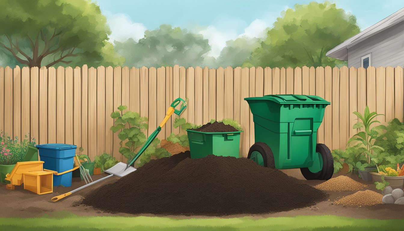 A backyard in Brownsville, TX with a compost bin, gardening tools, and various organic waste materials being layered into the compost pile