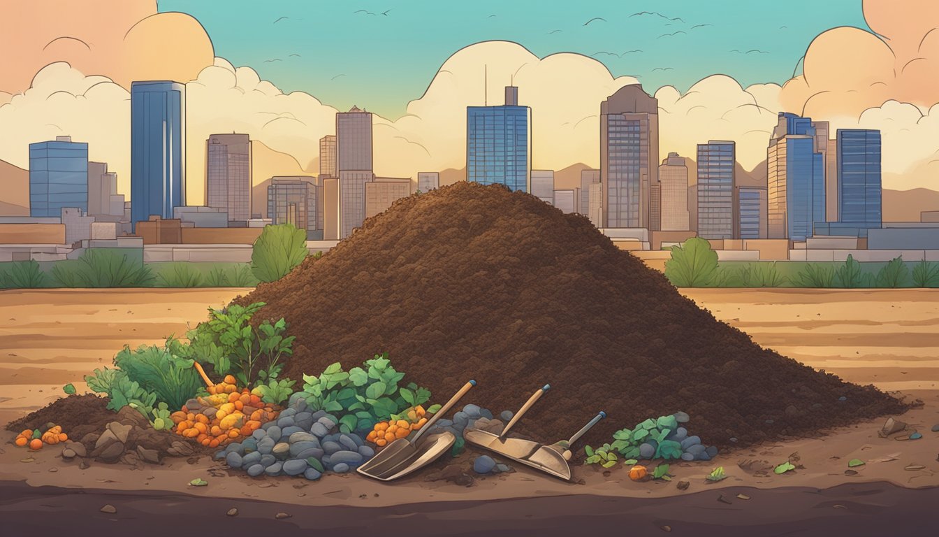 A colorful illustration of a compost pile surrounded by various organic materials and a shovel, set against the backdrop of the El Paso, TX skyline