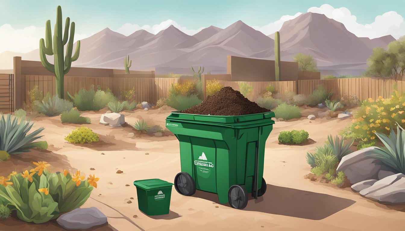 A backyard composting setup with a bin, shovel, and various organic waste materials surrounded by a desert landscape in El Paso, TX