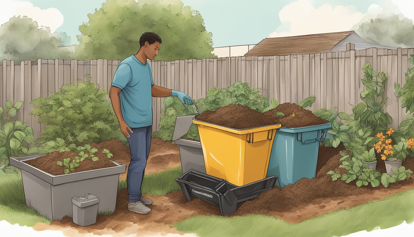 A person placing organic waste into a designated composting bin in a backyard garden in Brownsville, TX