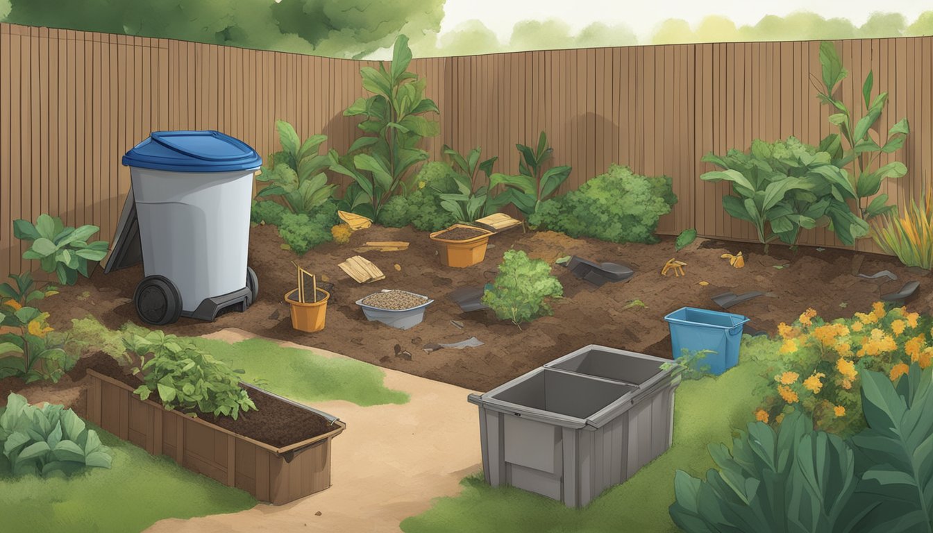 A backyard in Laredo, TX with a compost bin surrounded by a variety of organic waste, including kitchen scraps, yard clippings, and paper materials