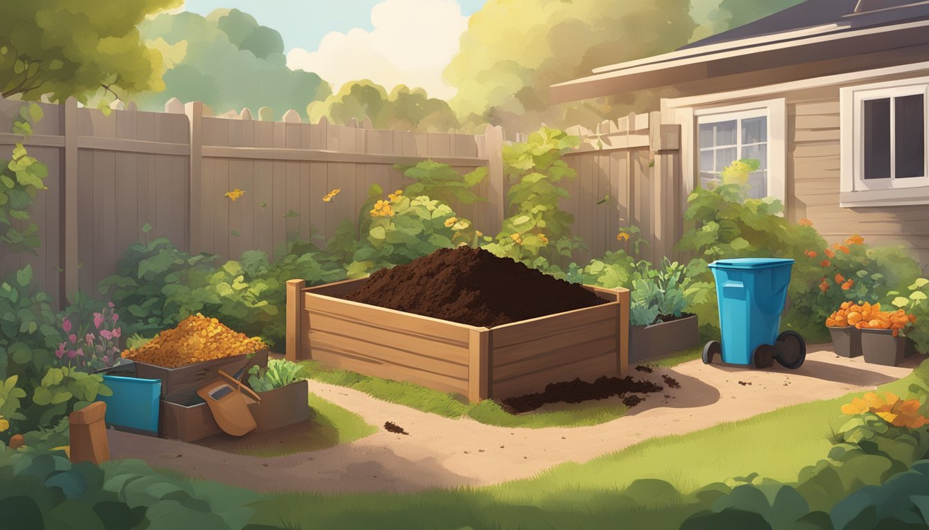 A sunny backyard with a compost bin, shovel, and various organic waste materials being added to the pile. A small garden nearby shows signs of healthy, nutrient-rich soil