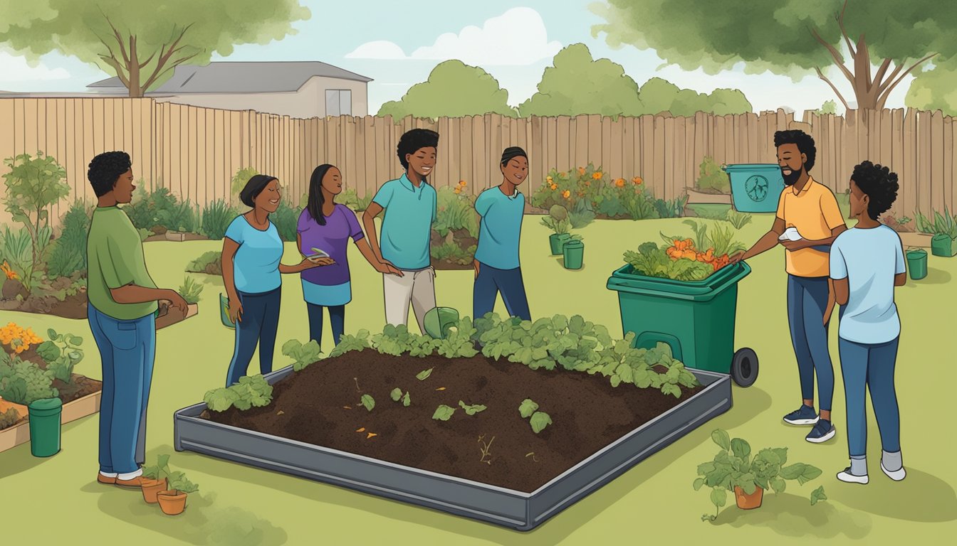 A group of people gather around a composting bin in a community garden, adding food scraps and yard waste while discussing the benefits of composting in Laredo, TX