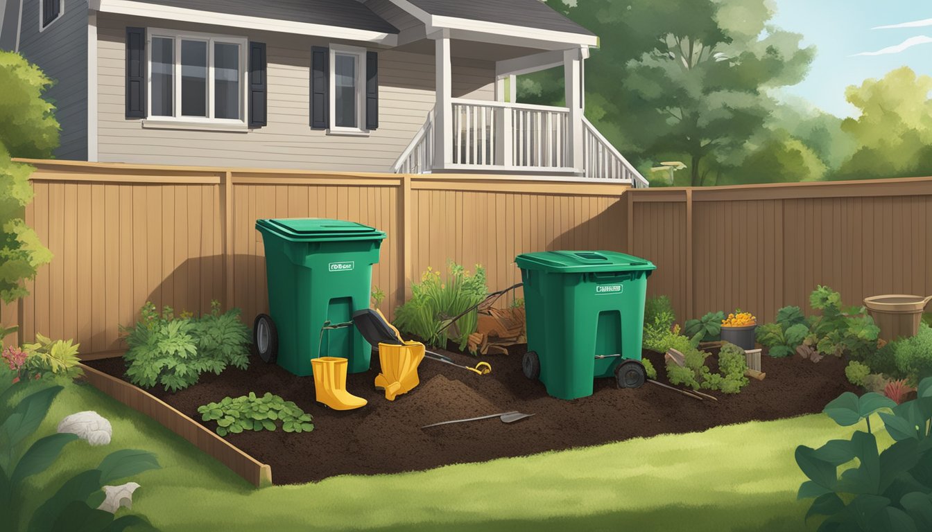 A backyard in Conroe, TX with a compost bin, garden tools, and a variety of organic waste materials being added to the bin