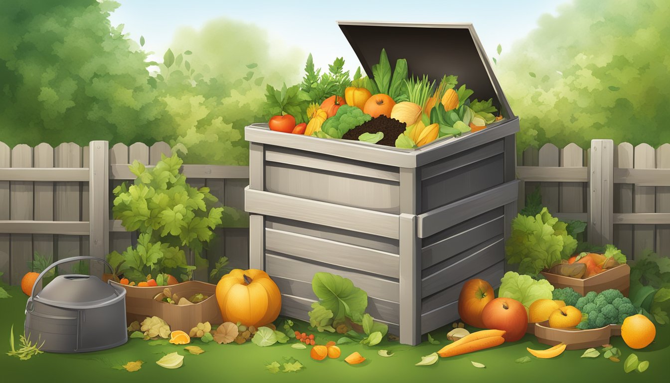 A backyard compost bin surrounded by a variety of organic materials such as fruit and vegetable scraps, leaves, and grass clippings