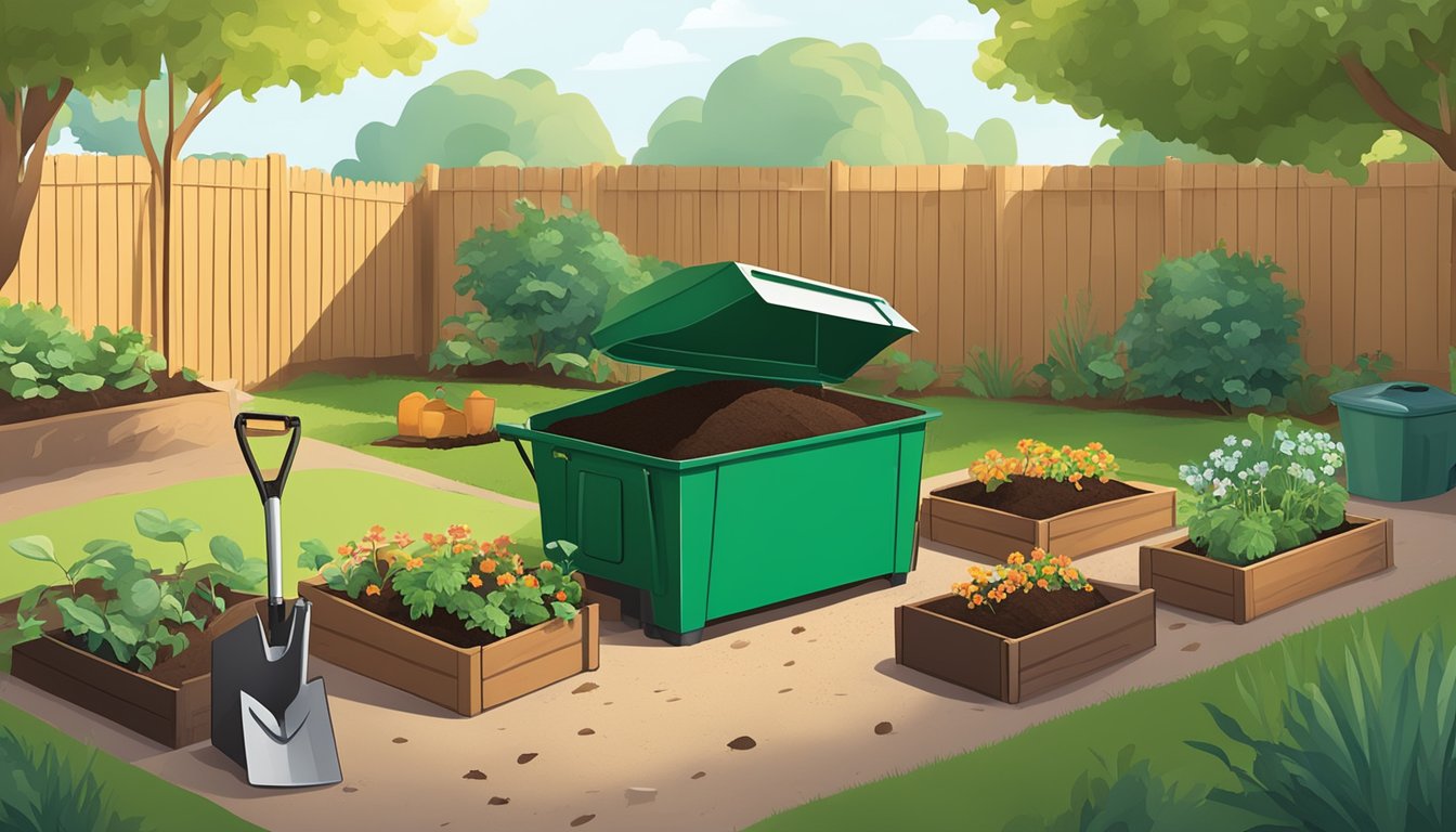 A sunny backyard with a compost bin, shovel, and various organic materials being turned into nutrient-rich soil