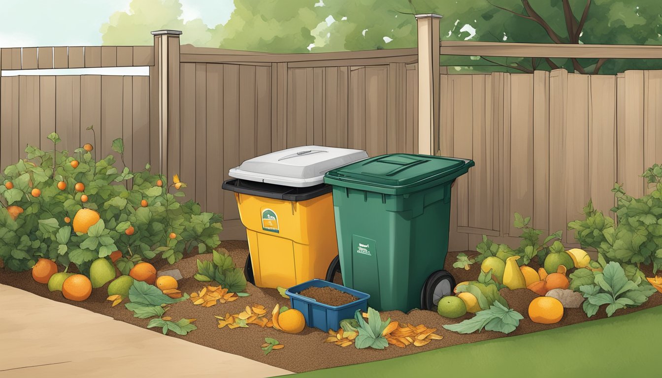 A backyard in Garland, TX with a compost bin surrounded by various organic materials like fruit peels, leaves, and grass clippings