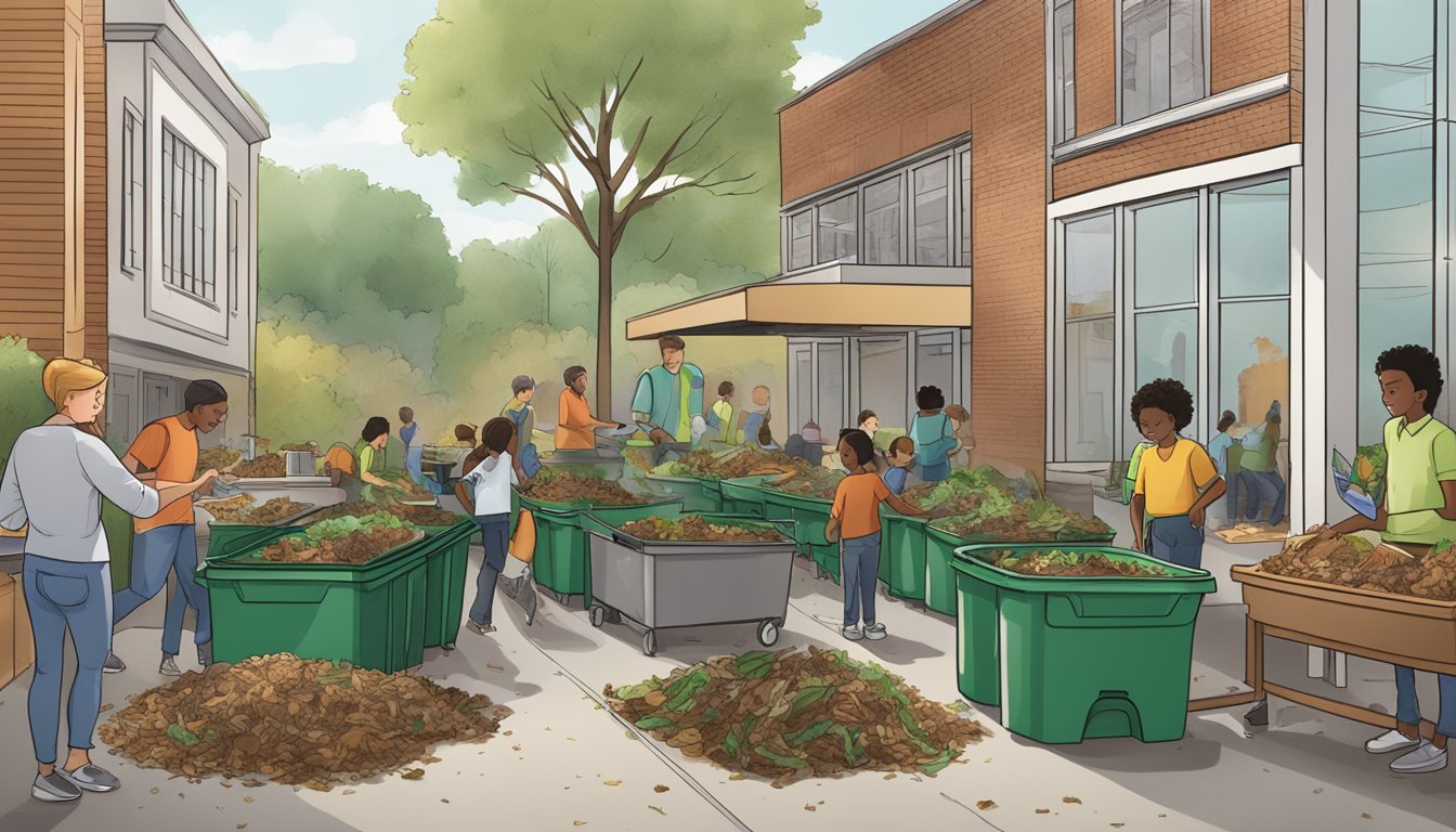 A bustling school cafeteria with students and staff sorting food scraps into compost bins, while a local business owner adds organic waste to a composting pile outside