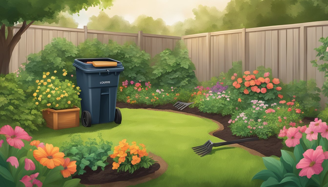 A backyard in Conroe, TX with a compost bin, garden tools, and a pile of finished compost surrounded by lush green plants and flowers