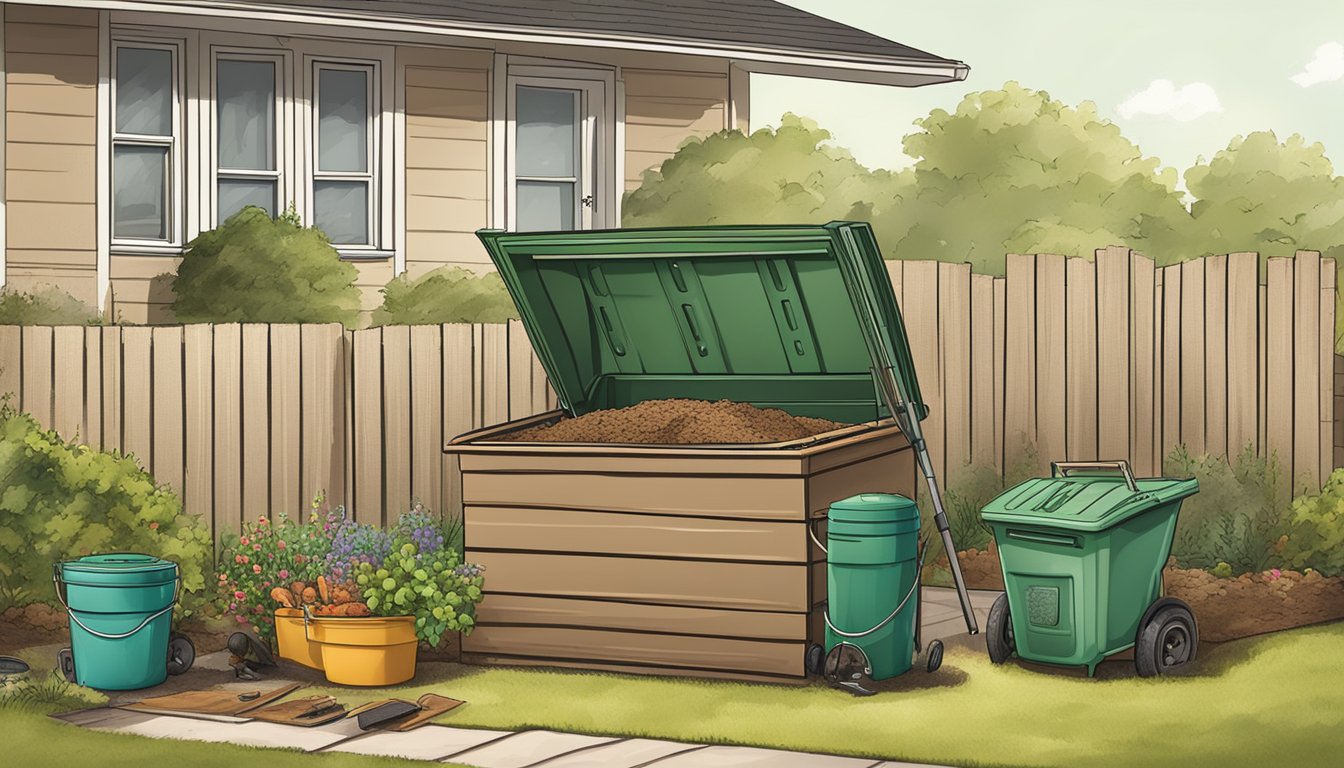 A backyard compost bin surrounded by gardening tools and a stack of compostable materials in a suburban Conroe, TX neighborhood