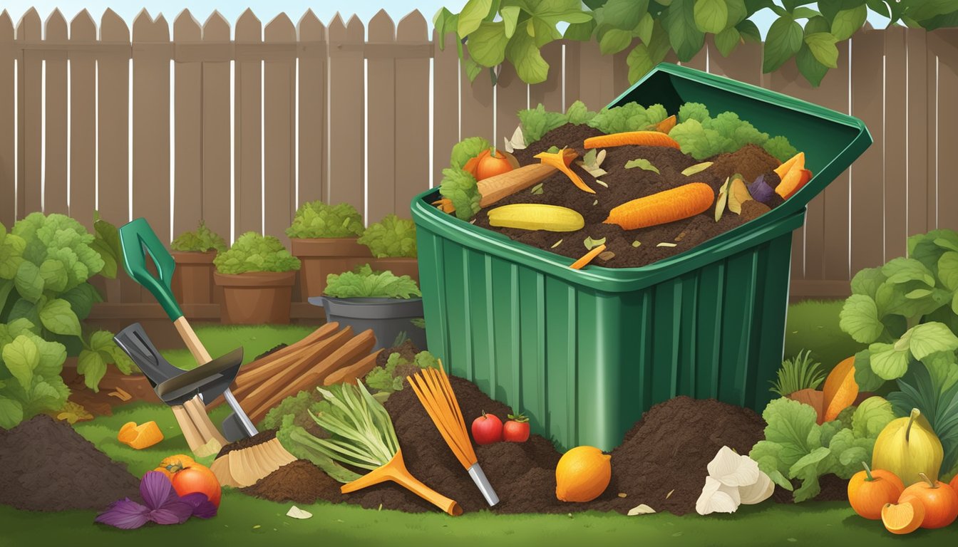 A backyard compost bin surrounded by a variety of organic waste, including fruit peels, vegetable scraps, and yard trimmings, with a shovel and gardening gloves nearby