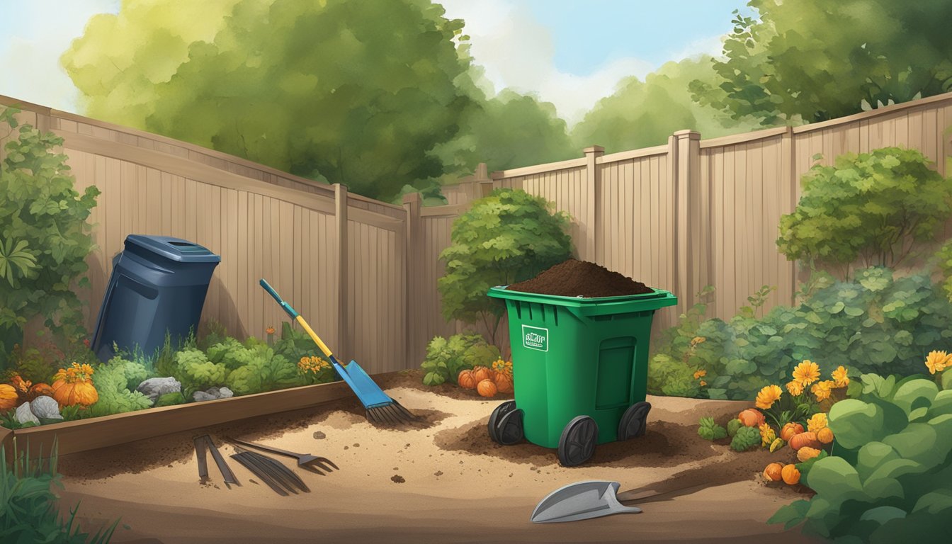 A backyard in Garland, TX with a compost bin, garden tools, and a variety of organic waste being added to the compost pile