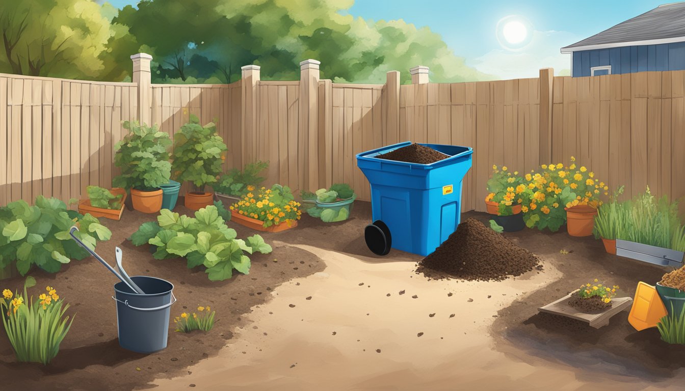 A backyard in Lubbock, TX with a compost bin, shovel, and various organic waste materials scattered around. Sunshine and blue sky overhead