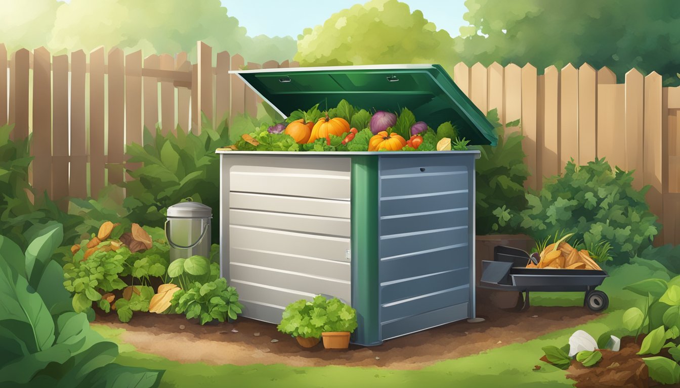 A backyard compost bin surrounded by greenery and filled with various organic materials like food scraps, leaves, and grass clippings