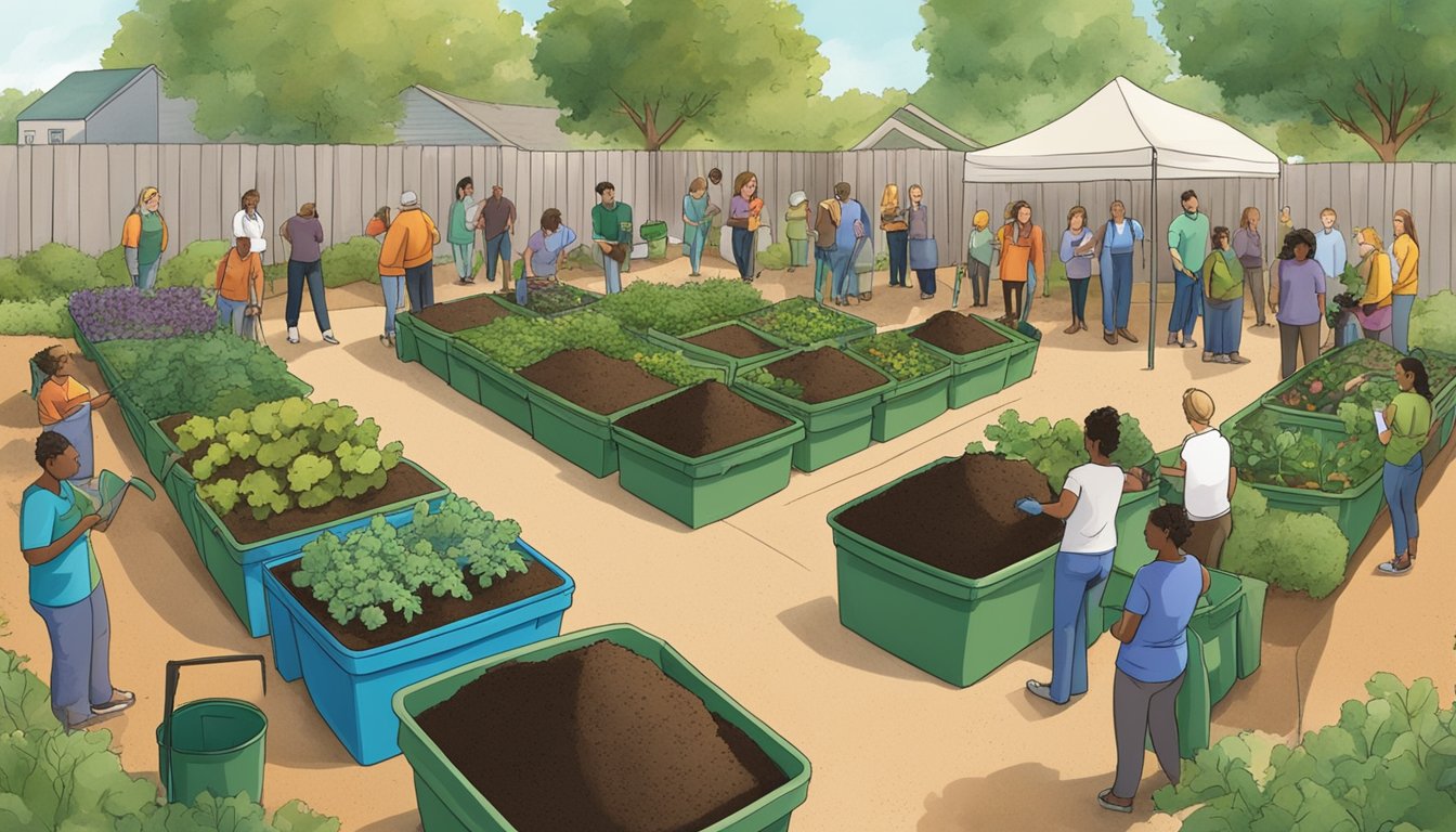 A group of people in Garland, TX, gather to learn about composting. They are surrounded by bins, shovels, and gardening tools in a community garden