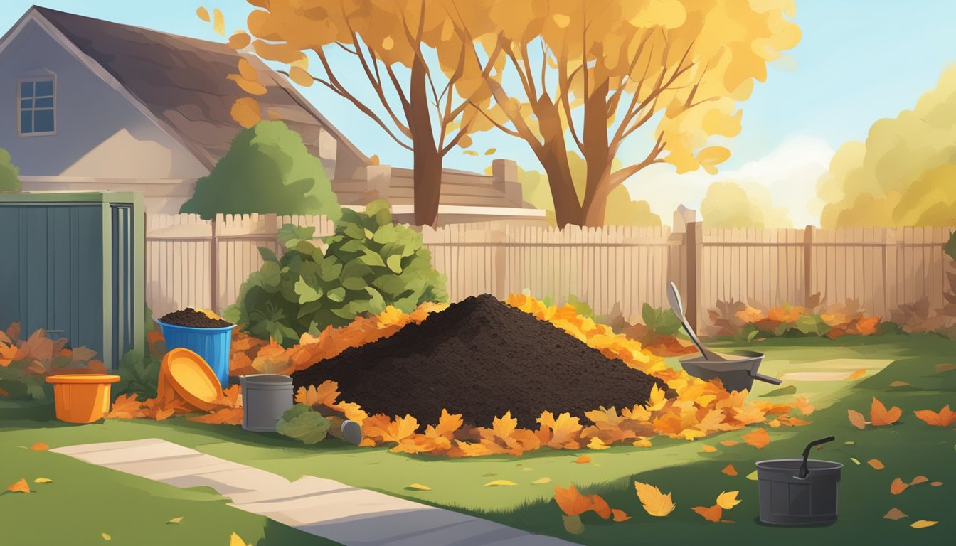 A sunny backyard with a pile of organic waste, leaves, and twigs being layered to create a compost pile. A shovel and a compost bin are nearby