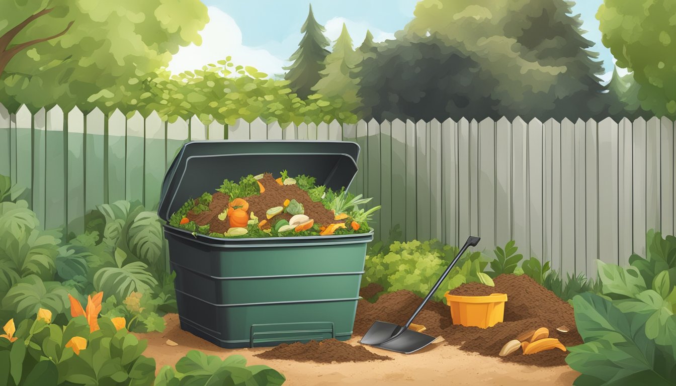 A backyard compost bin surrounded by greenery and filled with a mixture of food scraps and yard waste, with a shovel nearby for turning the compost