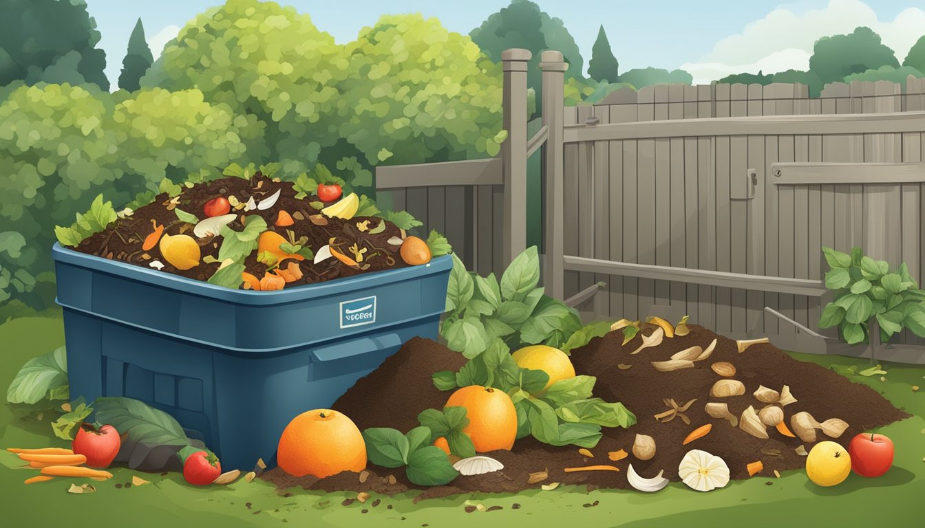 A backyard compost bin surrounded by a variety of organic waste, including fruit and vegetable scraps, coffee grounds, and yard clippings