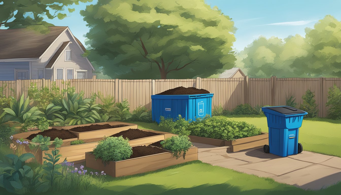 A suburban backyard with a compost bin and a sign displaying local regulations for composting in Garland, TX. Surrounding plants and a clear blue sky complete the scene