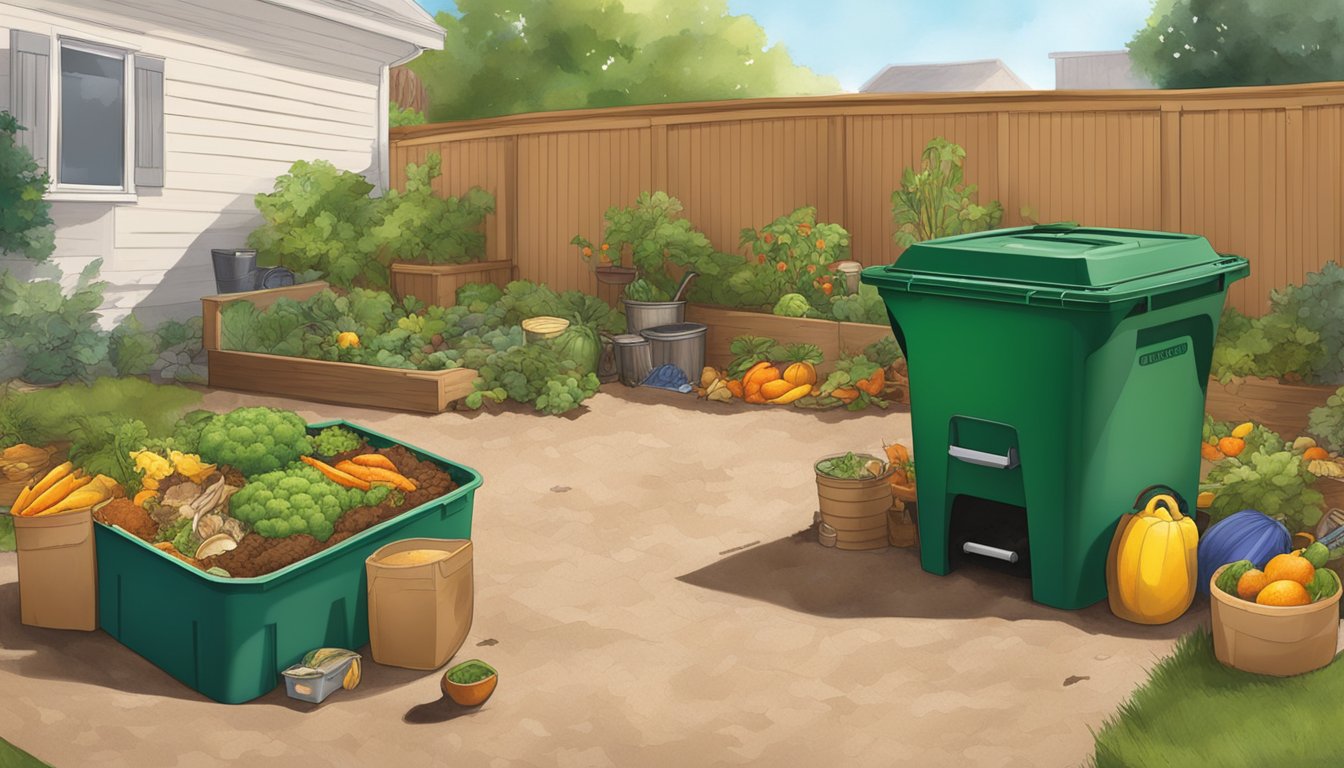 A backyard in Lubbock, TX with a compost bin surrounded by a variety of organic waste, including fruit peels, vegetable scraps, and yard clippings