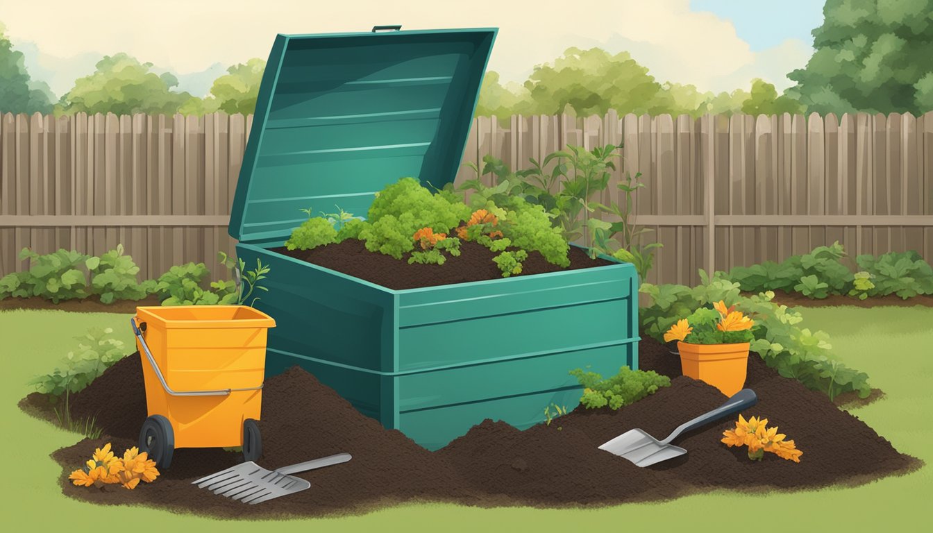 A backyard compost bin in Lubbock, TX, surrounded by a variety of organic waste and yard clippings, with a small shovel and gardening gloves nearby